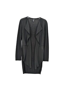 Chicos Black Sheer Open Front Cardigan Longline Draped Waterfall Ethereal Size S